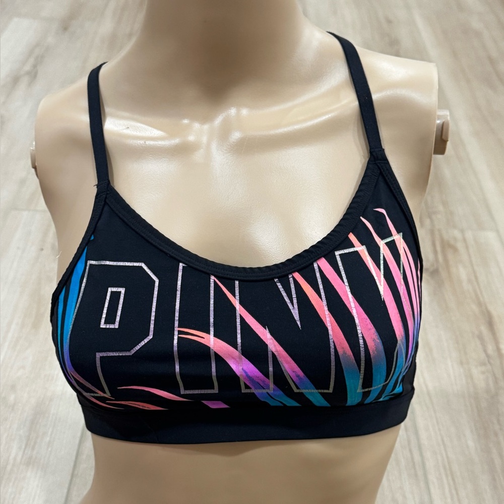PINK Victoria's Secret Black Sports Bra with Pink & Blue Graphic